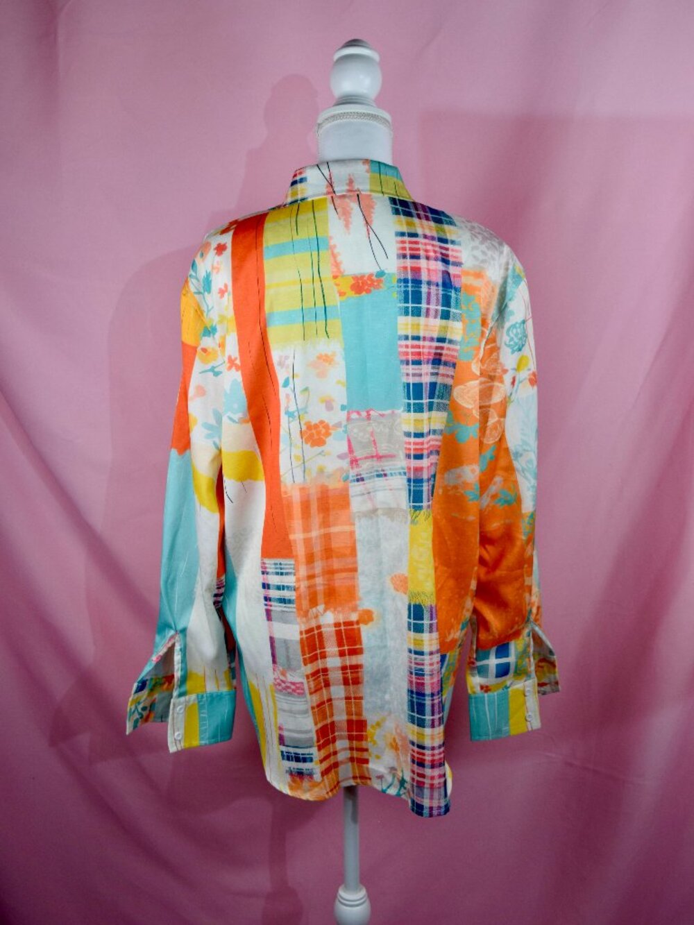Boutique Colorful Patchwork Print Long Sleeve Button-Up Blouse | Size L - Picture 3 of 6